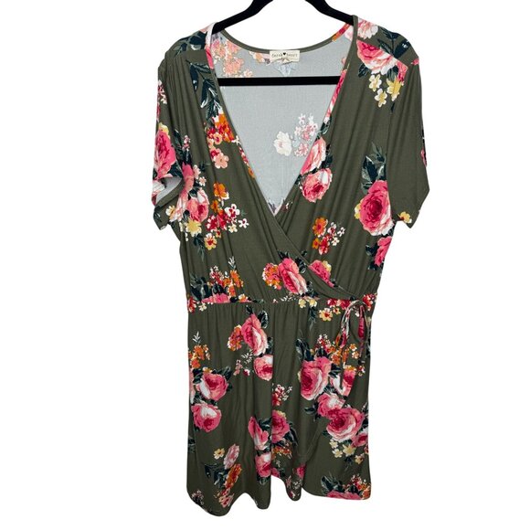 Derek Heart Floral Faux Wrap Dress Green Pink Short Sleeve 2X - Picture 1 of 11